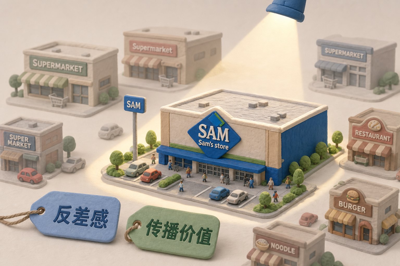 媒体聚光灯只照亮一座山姆门店,旁边许多普通超市和小餐馆处在浅色背景阴影里,前景有“反差感”和“传播价值”的小标签,浅色背景的商业评论版橡皮泥平面信息图的统一风格。