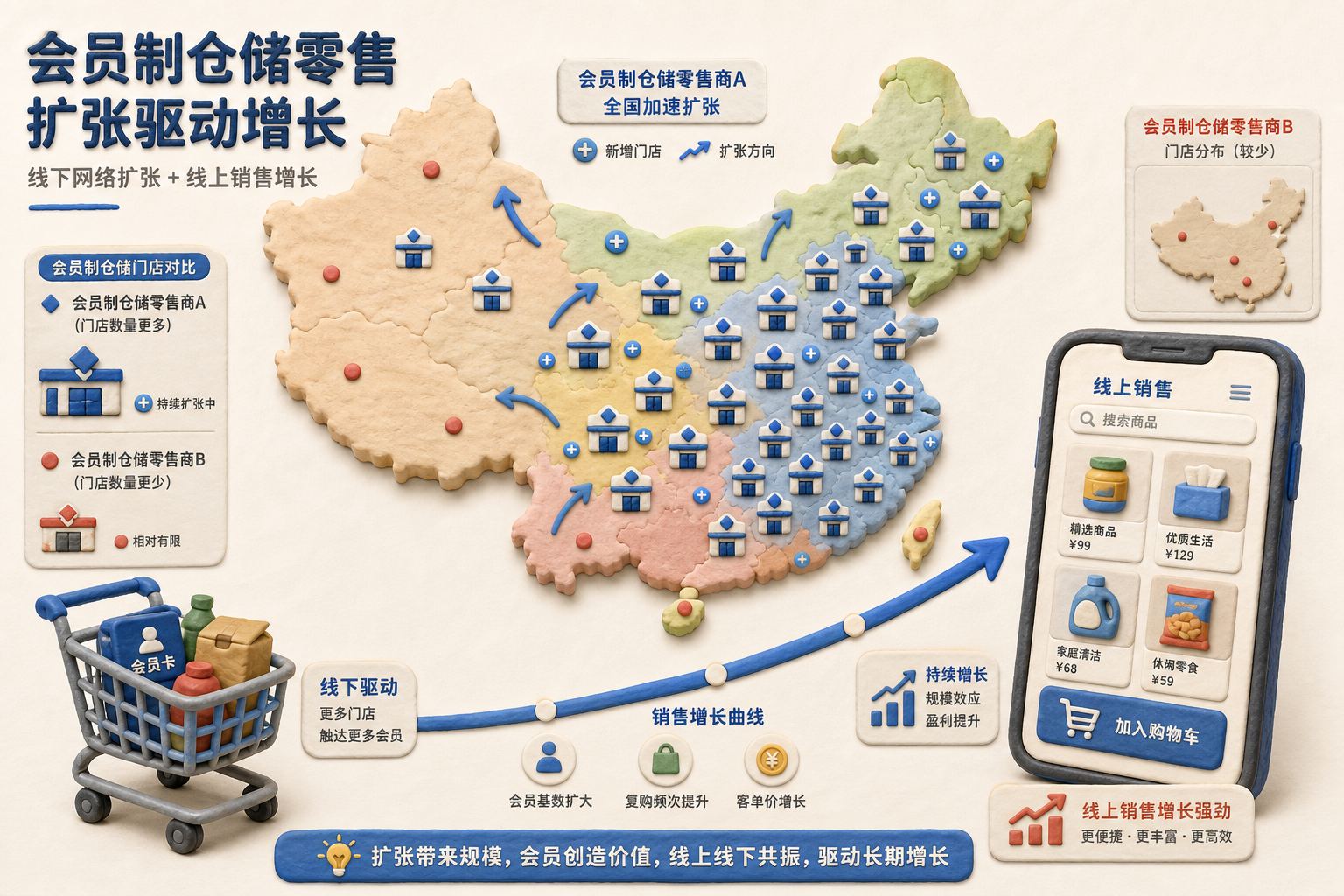 中国地图上分布着不断增加的山姆门店小图标,一条销售增长曲线从购物车延伸到手机电商界面,旁边对比少量 Costco 门店点位,浅色背景的商业评论版橡皮泥平面信息图的统一风格。