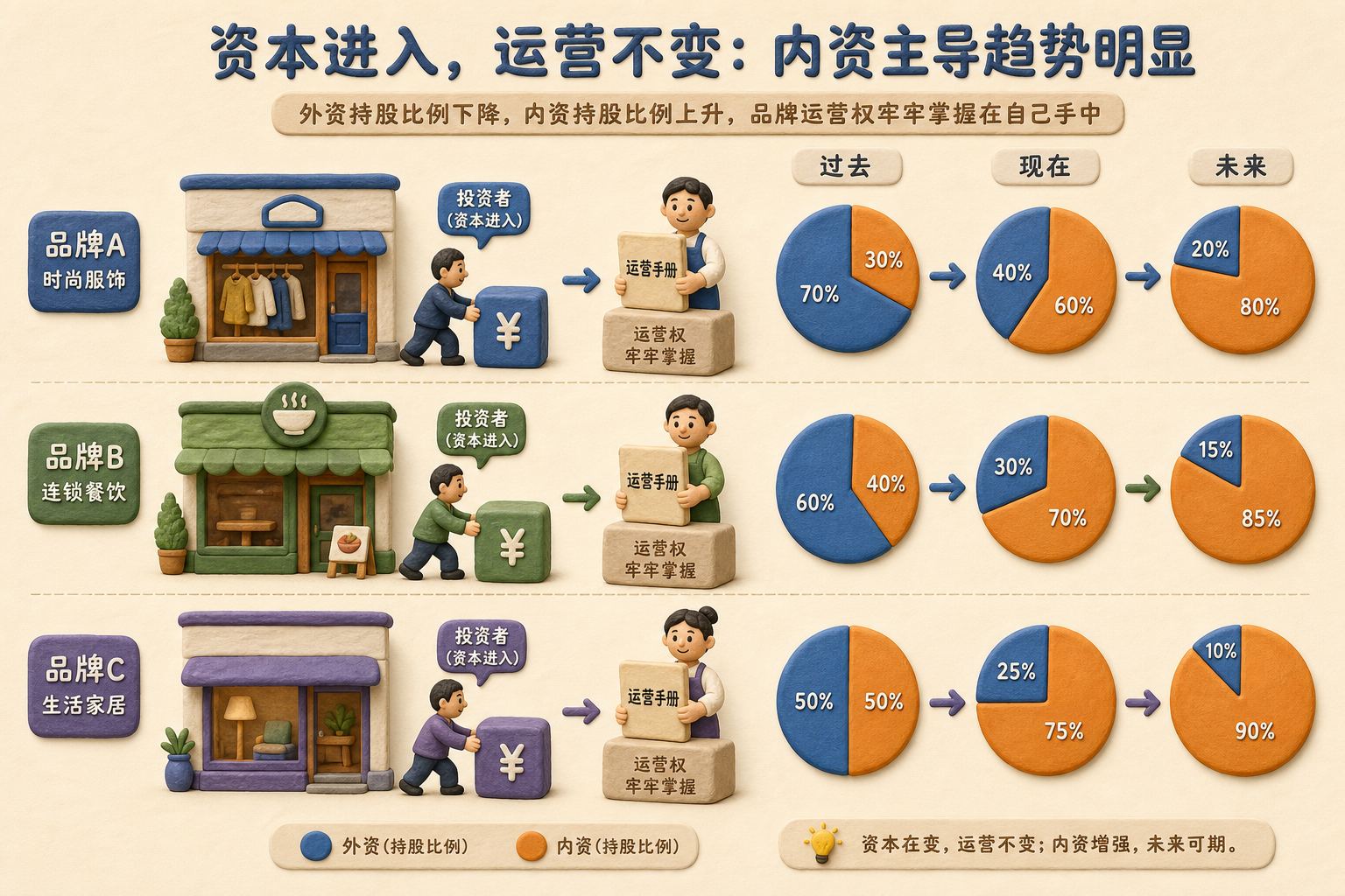 三个品牌门店模型旁边摆着股权饼图,外资颜色逐渐缩小、内资颜色逐渐扩大,投资人小人把资金方块推向门店但保留运营手册,浅色背景的商业评论版橡皮泥平面信息图的统一风格。
