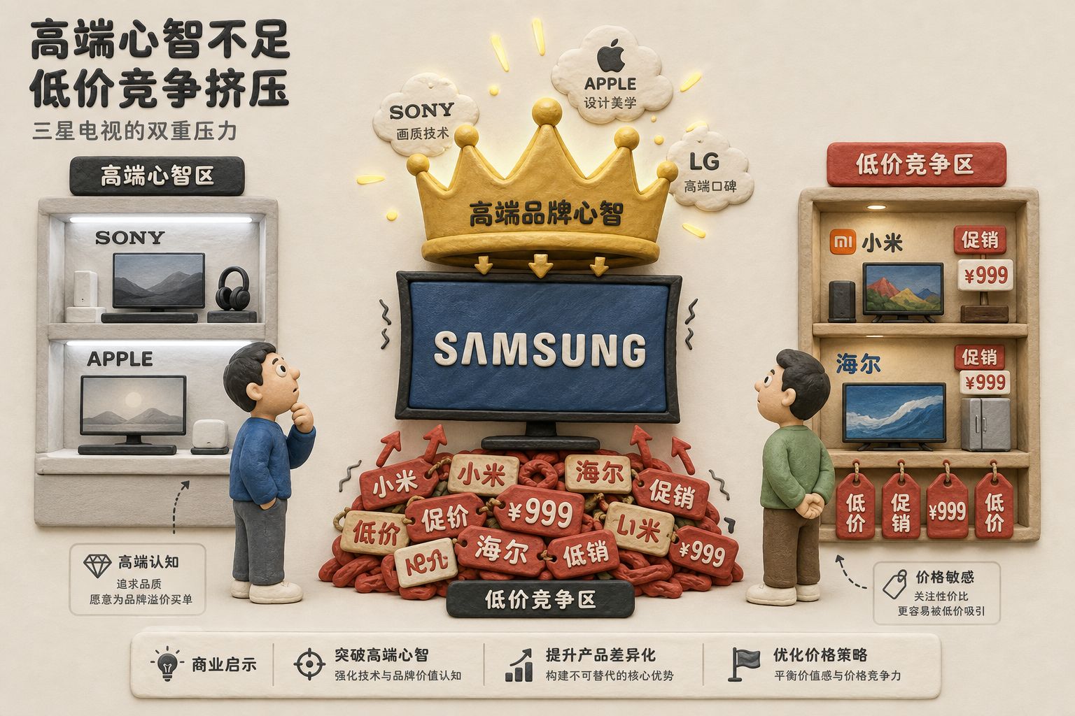 画面是一台三星电视被夹在上方发光的高端品牌王冠和下方密集的低价国产品牌价格标签之间，两侧消费者分别看向索尼、苹果和小米、海尔货架，表现高端心智不足与低价竞争挤压，浅色背景的商业评论版橡皮泥平面信息图的统一风格。