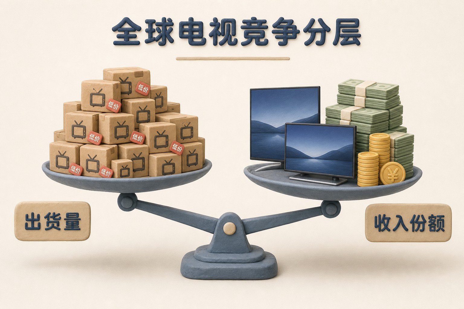画面是两组并排天平，左边堆满大量低价电视纸箱代表出货量，右边少量高端电视旁叠着更高金额钞票代表收入份额，中央标注全球电视竞争分层，浅色背景的商业评论版橡皮泥平面信息图的统一风格。