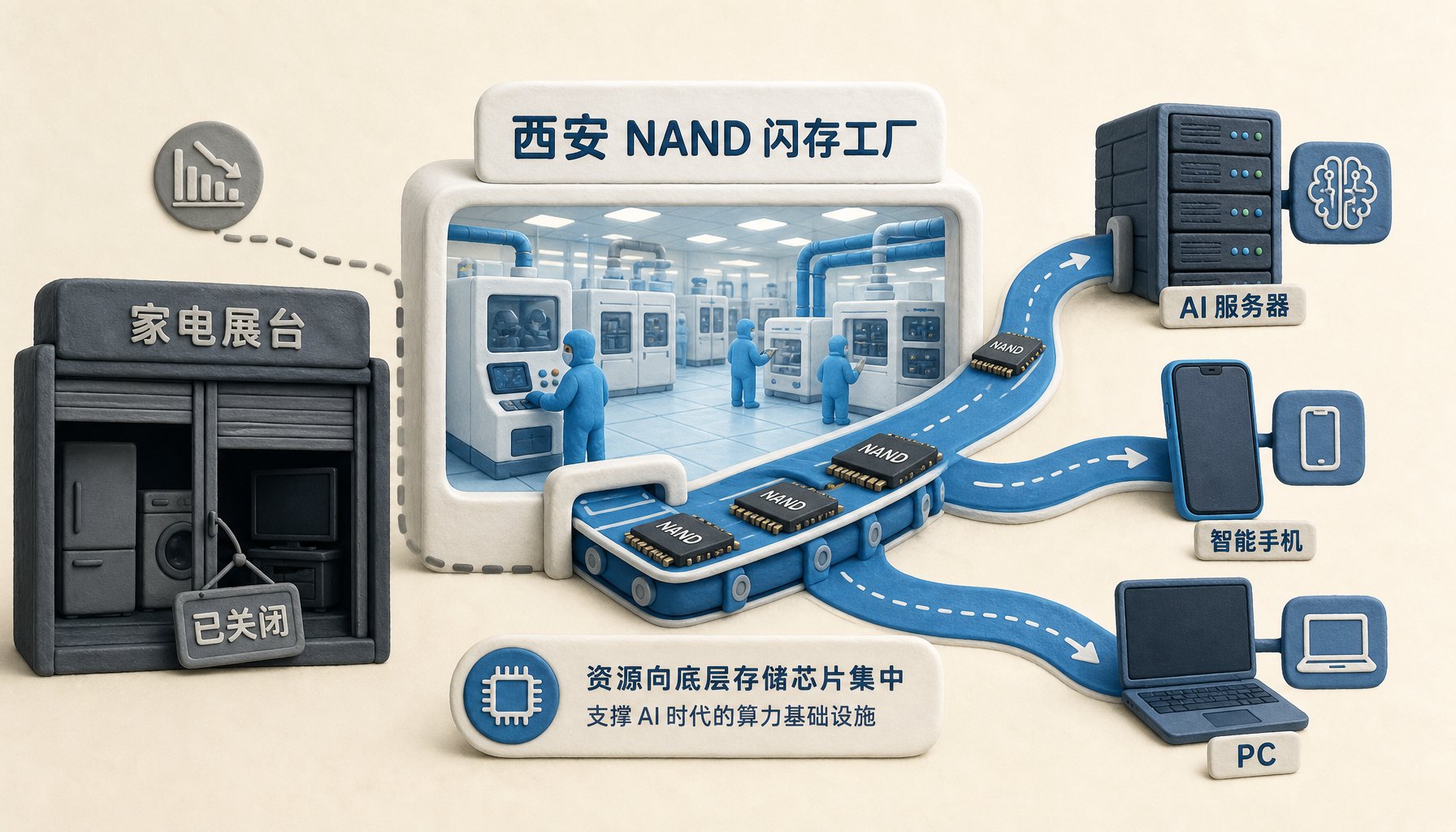 画面中央是西安 NAND 闪存工厂的洁净车间，芯片沿着传送带流向 AI 服务器、手机和 PC 图标，旁边关闭的家电展台形成对比，表现三星把资源投向更底层的存储芯片供应链，浅色背景的商业评论版橡皮泥平面信息图的统一风格。