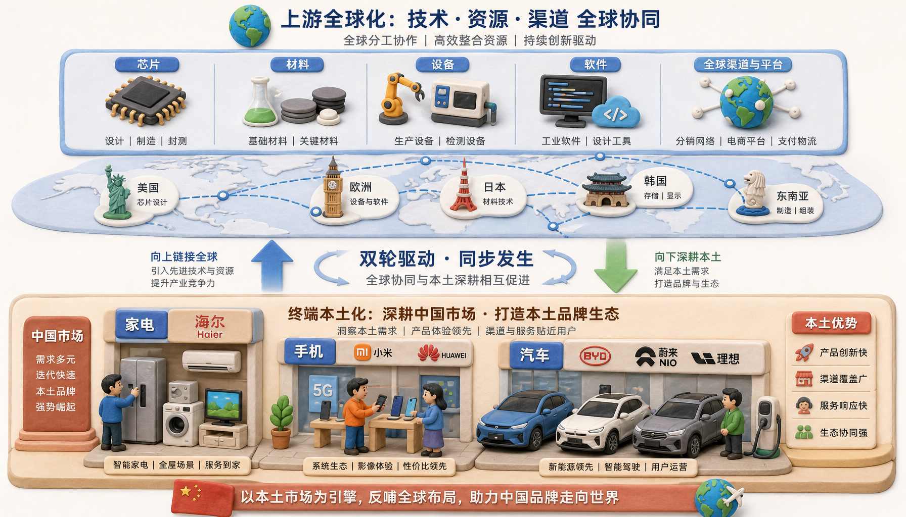画面是一张两层结构图，下层中国本土商场里家电、手机、汽车终端品牌高度本土化，上层芯片、材料、设备、软件和全球渠道节点跨国连接，箭头显示终端本土化与上游全球化同时发生，浅色背景的商业评论版橡皮泥平面信息图的统一风格。