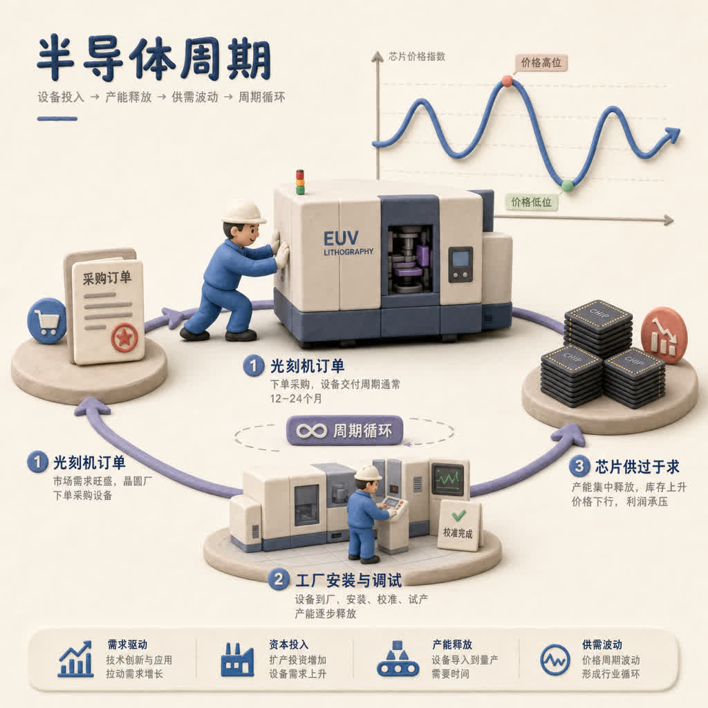 一条从光刻机订单到工厂调试再到芯片过剩的循环时间轴，工程师推着设备前进而远处价格曲线上下波动，浅色背景的商业评论版橡皮泥平面信息图的统一风格。