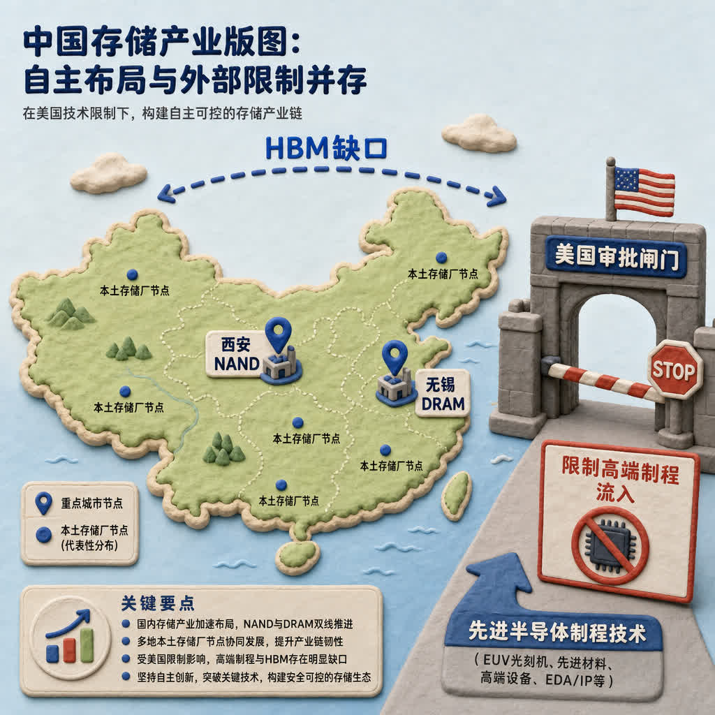 中国地图上标出西安NAND、无锡DRAM和本土存储厂节点，旁边有美国审批闸门限制高端制程流入，HBM缺口以虚线箭头悬在上方，浅色背景的商业评论版橡皮泥平面信息图的统一风格。