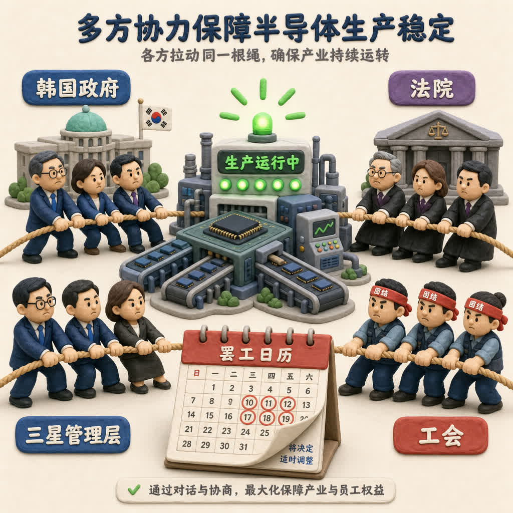 韩国政府、法院、三星管理层和工会四方拉住同一条生产线绳索，中央的芯片工厂冒出保持运转的绿色信号灯，旁边有罢工日历被部分折起，浅色背景的商业评论版橡皮泥平面信息图的统一风格。