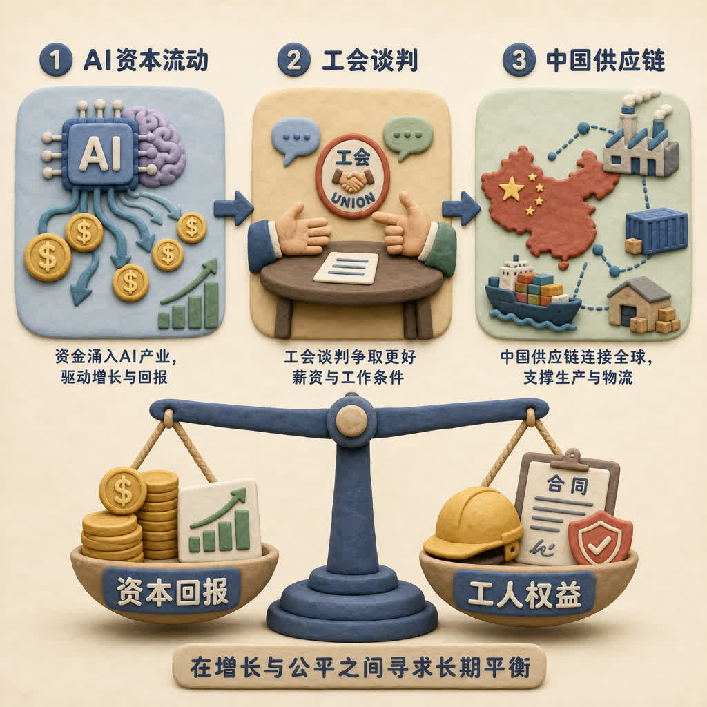 三个相连的商业评论图标从AI资金流、工会博弈、中国供应链依次展开，底部是一架天平一端放资本回报一端放工人权益，浅色背景的商业评论版橡皮泥平面信息图的统一风格。