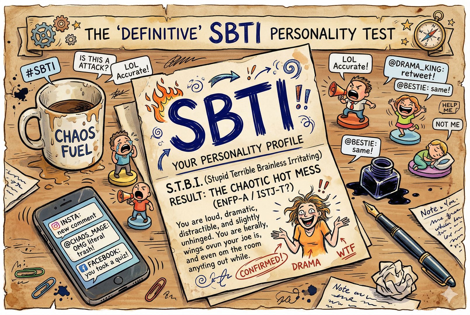 一张仿人格测试海报风的封面插画，桌上摊开写着 SBTI 四个字母的测试结果卡片，周围散落手机、咖啡杯、夸张表情小人偶和社交媒体弹窗，画面热闹又带点戏谑感，羊皮纸，钢笔彩色手绘的统一风格。