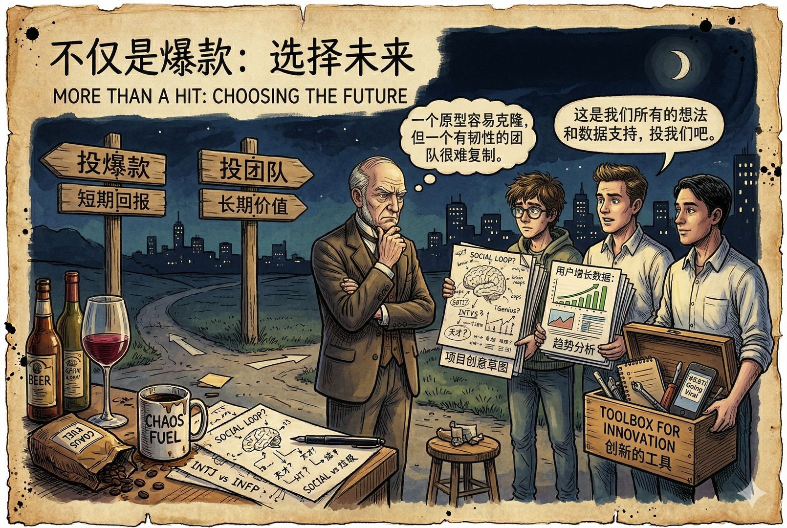 一位投资人与一个小团队站在岔路口前，不再盯着单一产品原型，而是看向团队手里的一叠创意草图、数据纸张和工具箱，象征“投团队而不是投单个爆款”，羊皮纸，钢笔彩色手绘的统一风格。