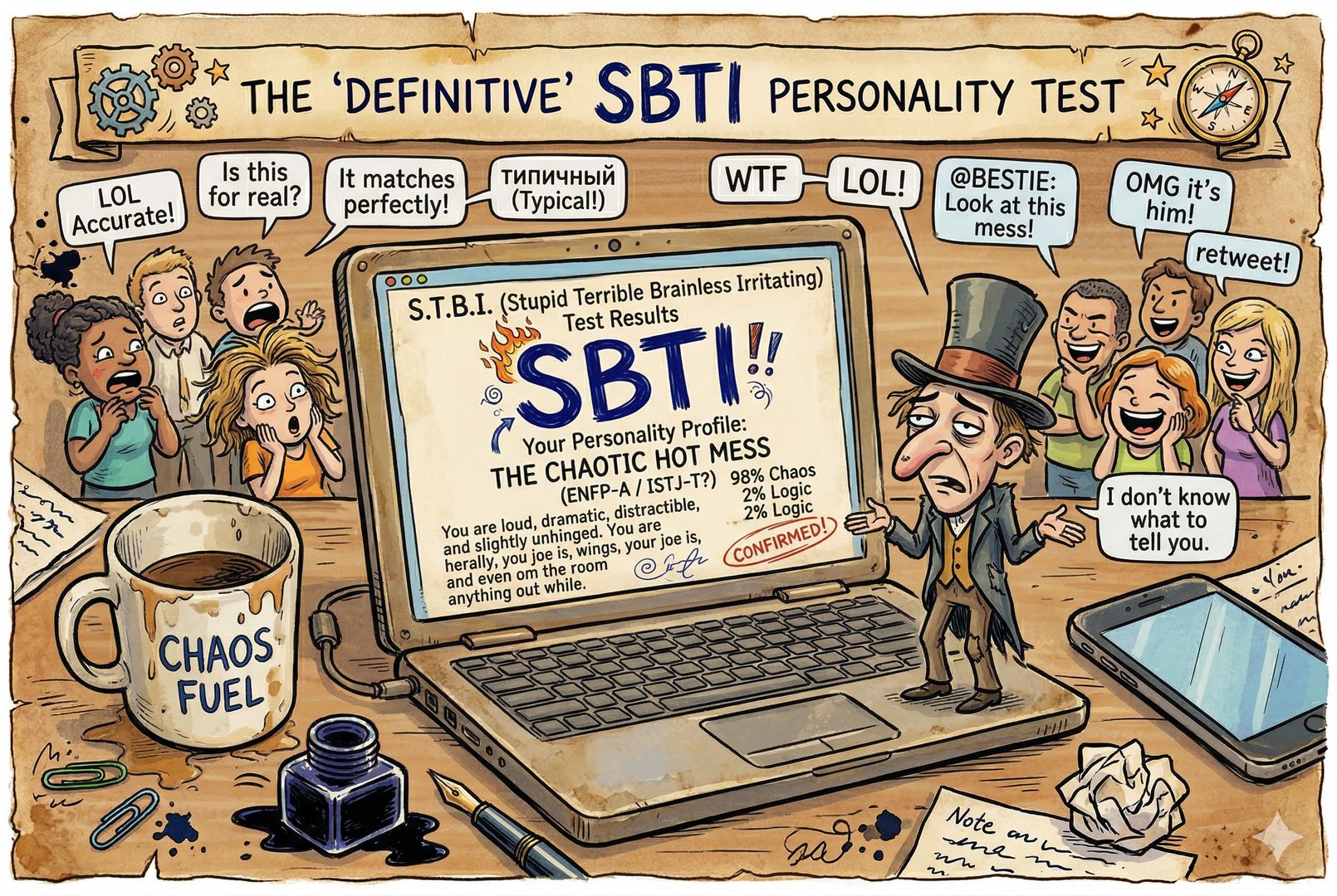 一台打开测试网页的笔记本电脑放在木桌上，屏幕显示四字母人格结果界面，旁边站着一个模仿 MBTI 风格却神情搞怪的小人偶，背景有围观的人群和聊天气泡，羊皮纸，钢笔彩色手绘的统一风格。