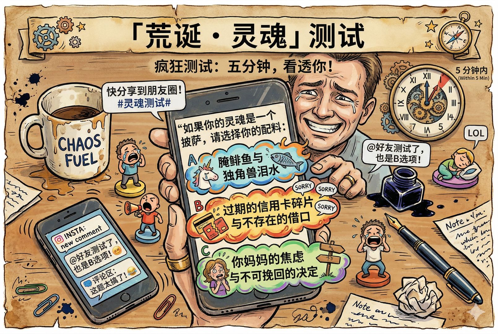 手机屏幕上一道荒诞测试题正在被作答，三个选项字样夸张漂浮，操作者一边皱眉一边忍笑，身后时钟指向五分钟，暗示快速答题和快速分享，羊皮纸，钢笔彩色手绘的统一风格。