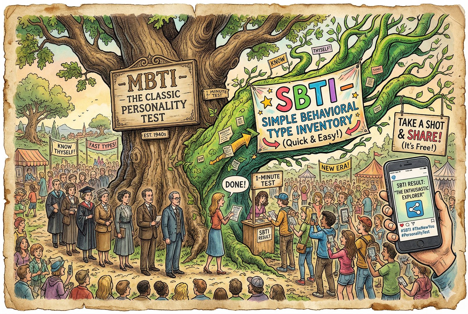 一棵大树上挂着 MBTI 的老牌招牌，旁边新长出一根写着 SBTI 的夸张枝条，树下人群排队测试、截图转发，象征借势传播和低门槛扩散，羊皮纸，钢笔彩色手绘的统一风格。