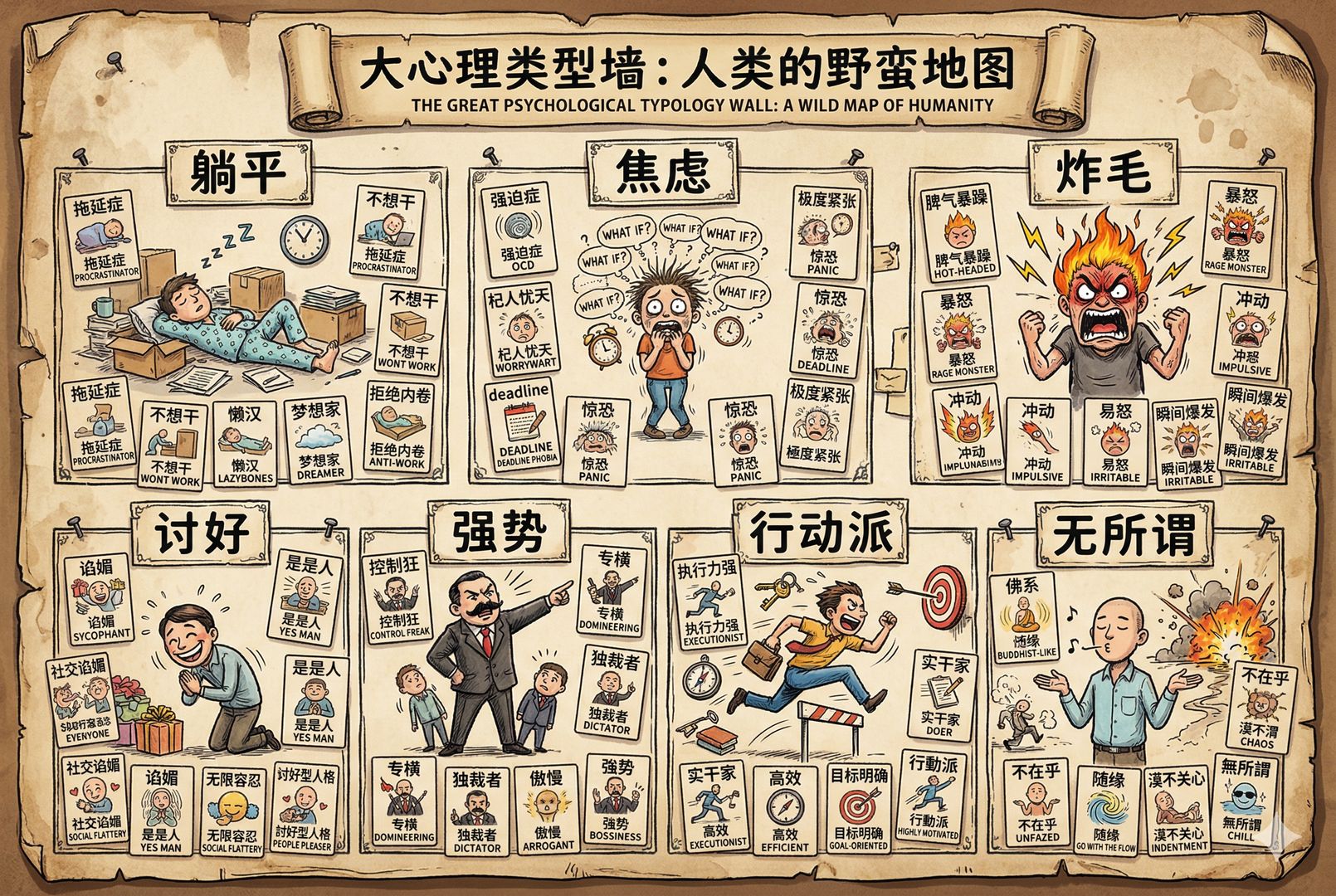 一面贴满人格标签卡片的墙，卡片被分成七个区域，每个区域都有不同神态的小人物：躺平、焦虑、炸毛、讨好、强势、行动派、无所谓，像一张夸张的人格图鉴，羊皮纸，钢笔彩色手绘的统一风格。
