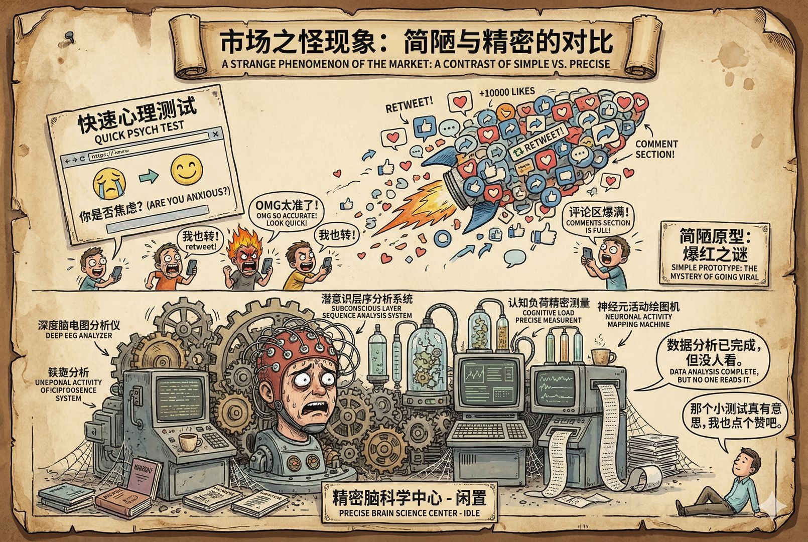 一个看上去粗糙简陋的小网页原型被无数点赞、转发、评论图标托举着升空，下面则是一台复杂精密却无人围观的大机器，形成鲜明对比，羊皮纸，钢笔彩色手绘的统一风格。