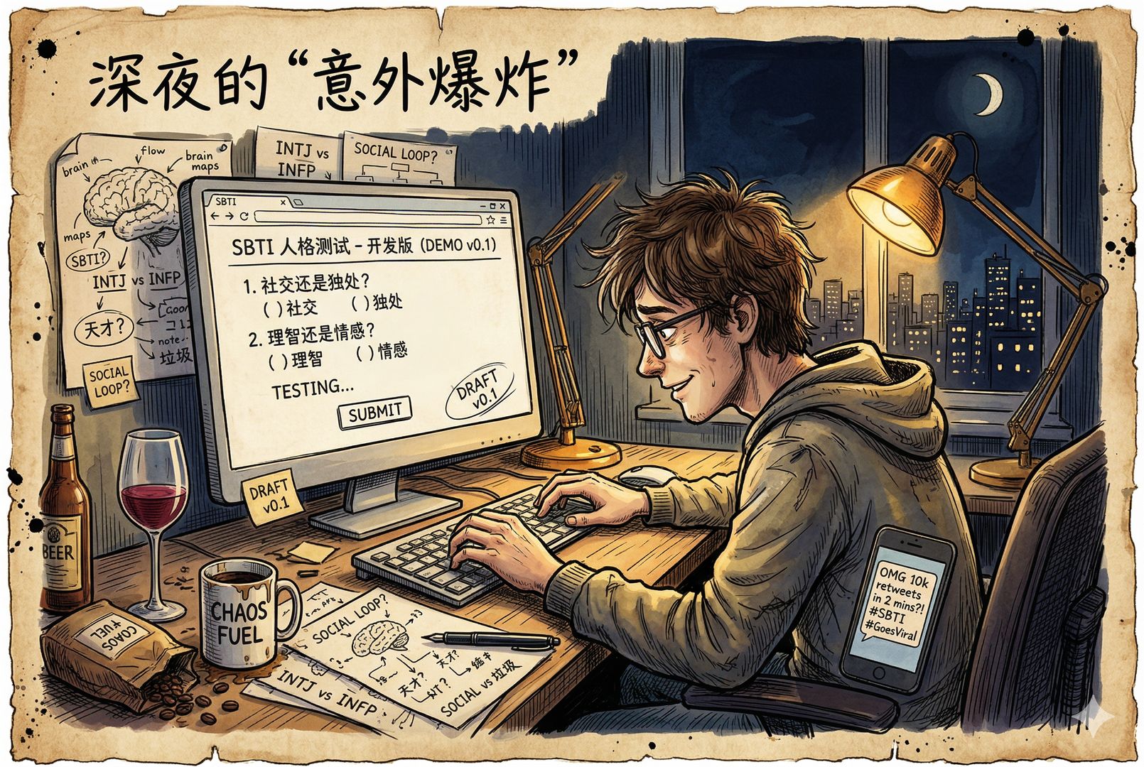 一位年轻创作者深夜坐在电脑前赶工网页原型，桌上有草稿纸、酒杯和一盏台灯，屏幕上是尚未完善的测试页面，窗外夜色很深，带着“一两晚做出来却突然爆火”的感觉，羊皮纸，钢笔彩色手绘的统一风格。