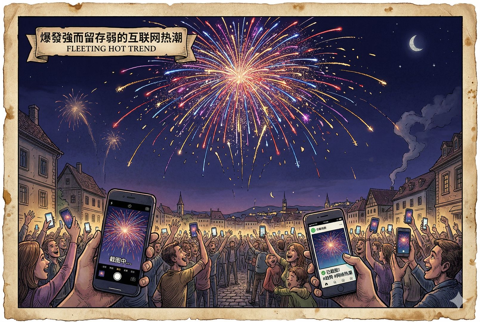 一团绚烂烟花在夜空中刚刚炸开，碎片却迅速飘散，地面上人们举着手机截图欢呼，远处只剩短暂余光，象征爆发强而留存弱的互联网热潮，羊皮纸，钢笔彩色手绘的统一风格。