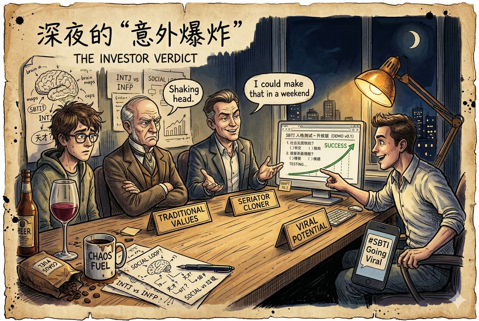  三位风格不同的投资人坐在长桌前，看着同一个粗糙测试产品原型：一人皱眉摇头，一人露出“我也能做”的神情，一人激动地指着上涨曲线，形成鲜明对照，羊皮纸，钢笔彩色手绘的统一风格。