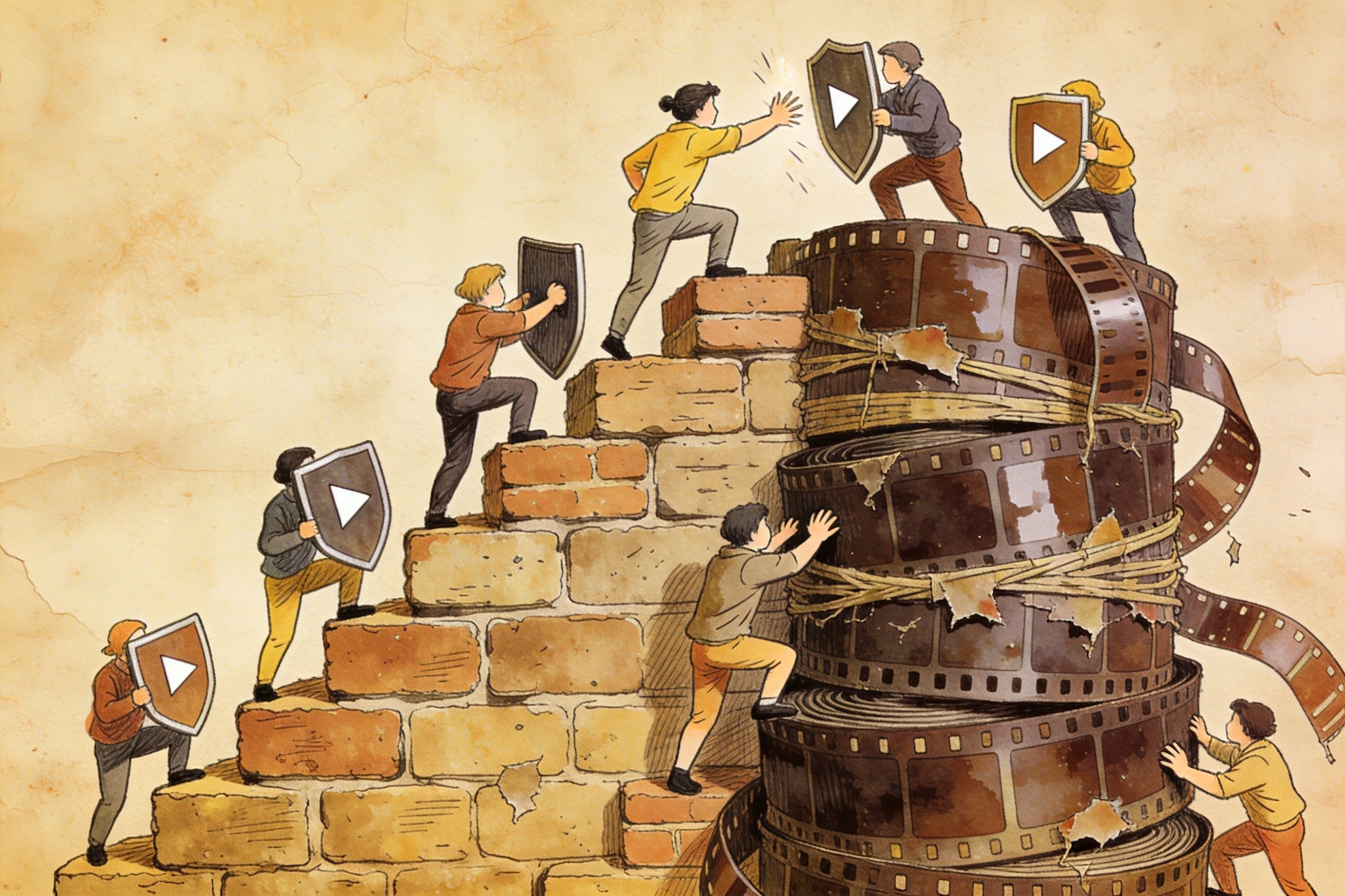 一群持有社交媒体播放键盾牌的小人儿正在攀登由旧电影胶卷堆砌成的堡垒，双方正在激烈交锋，羊皮纸，钢笔彩色手绘的统一风格。