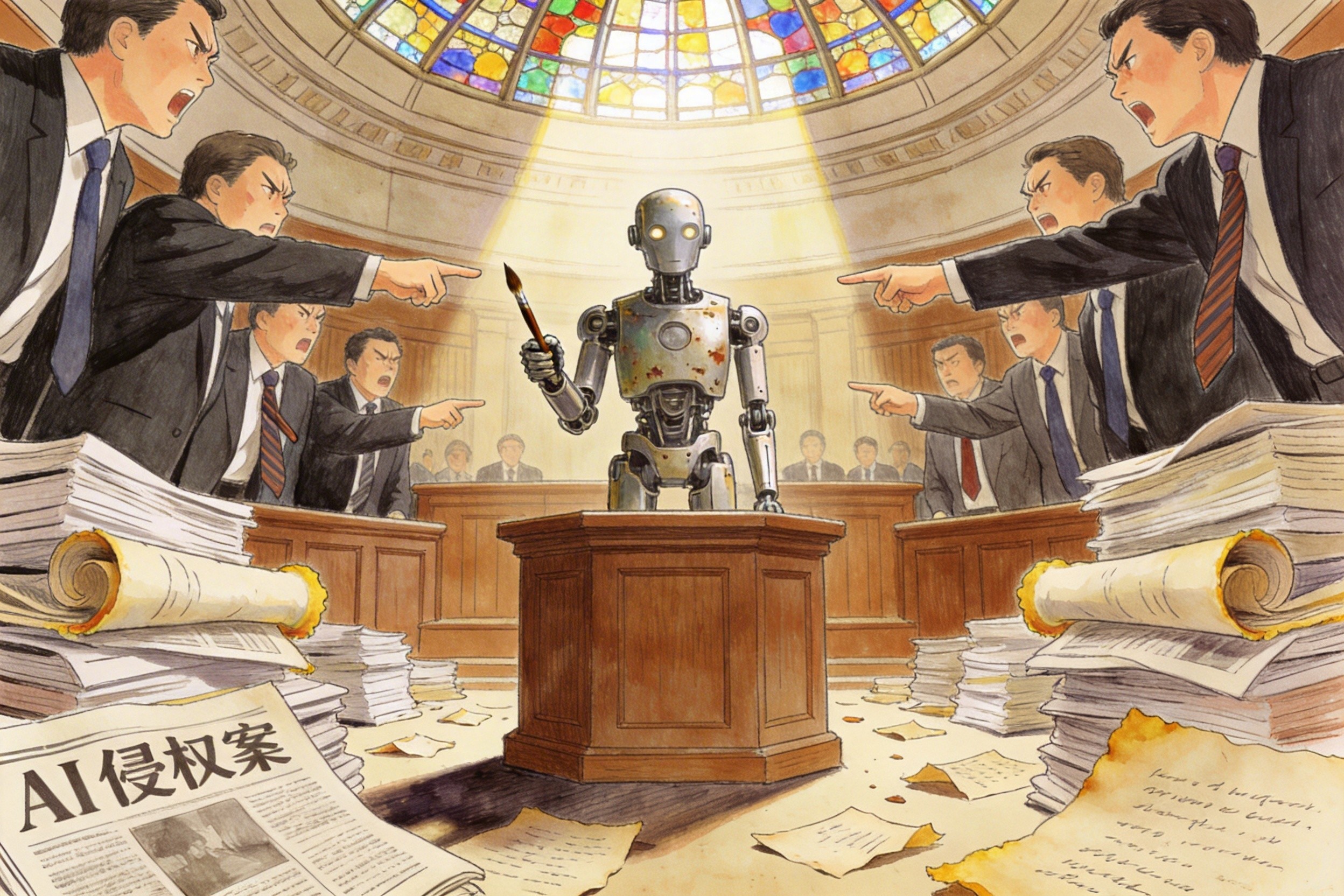 一个机器人画家站在法庭的被告席上，周围是堆积如山的法律文件和报纸，一群西装革履的人正在愤怒地指责它，羊皮纸，钢笔彩色手绘的统一风格。