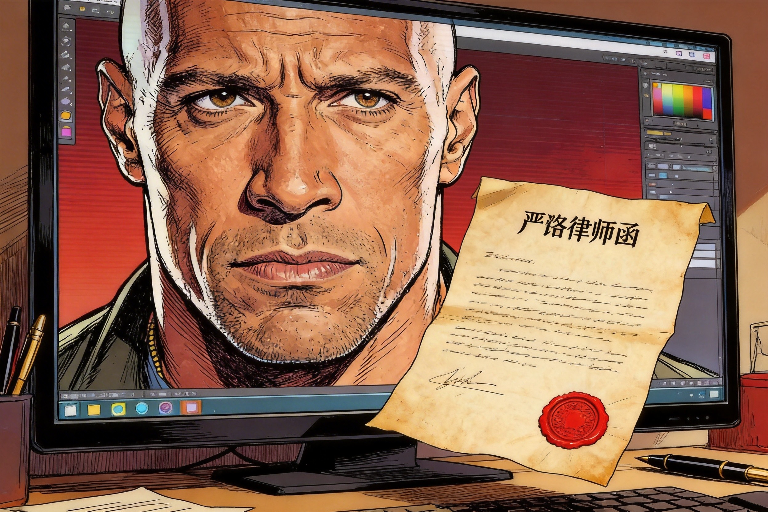 一个巨大的数字屏幕正在生成一个极其逼真的好莱坞动作明星的脸，屏幕前悬浮着一封盖着红色印章的严厉律师函，羊皮纸，钢笔彩色手绘的统一风格。