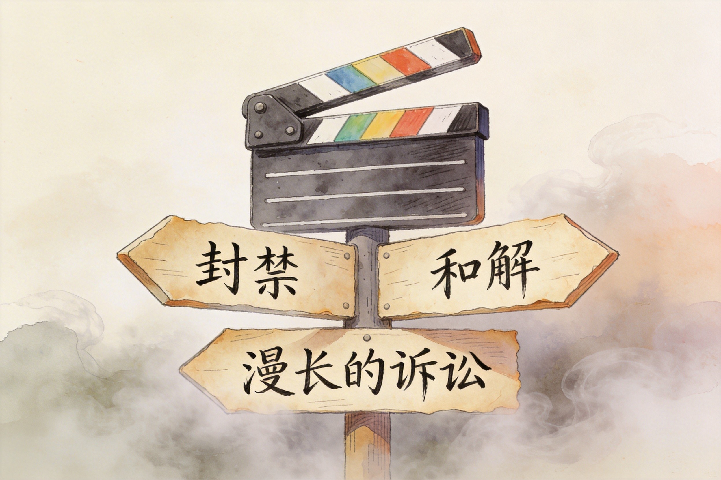 一个分岔路口的路标，分别指向“封禁”、“和解”和“漫长的诉讼”，路标是用电影打板做成的，周围迷雾缭绕，羊皮纸，钢笔彩色手绘的统一风格。