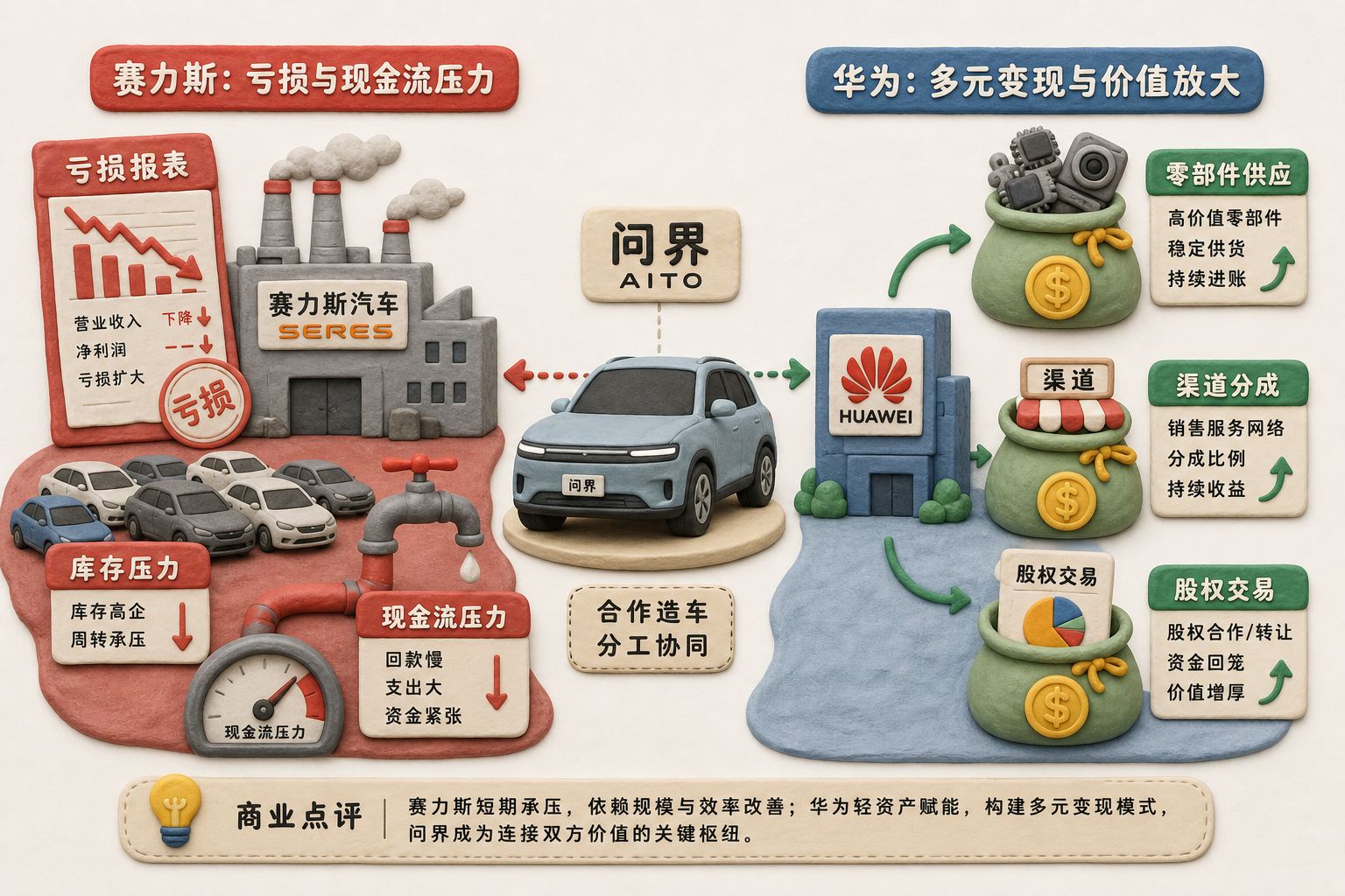 左右分屏构图,左侧赛力斯汽车工厂被红色亏损报表、库存车辆和现金流压力包围,右侧华为站在零部件、渠道分成和股权交易三个进钱口袋旁,中央用问界汽车连接双方,浅色背景的商业评论版橡皮泥平面信息图的统一风格。