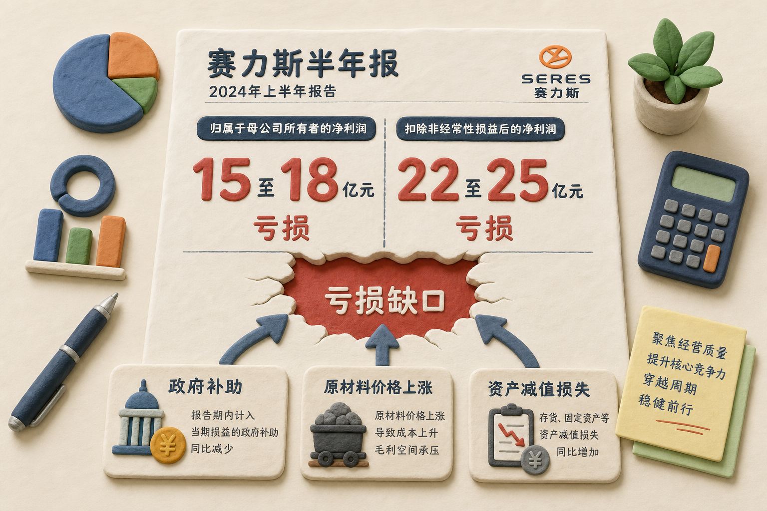 一张赛力斯半年报摊在桌面,15至18亿元归母亏损与22至25亿元扣非亏损并排显示,政府补助、原材料和资产减值三条箭头汇入红色亏损缺口,浅色背景的商业评论版橡皮泥平面信息图的统一风格。