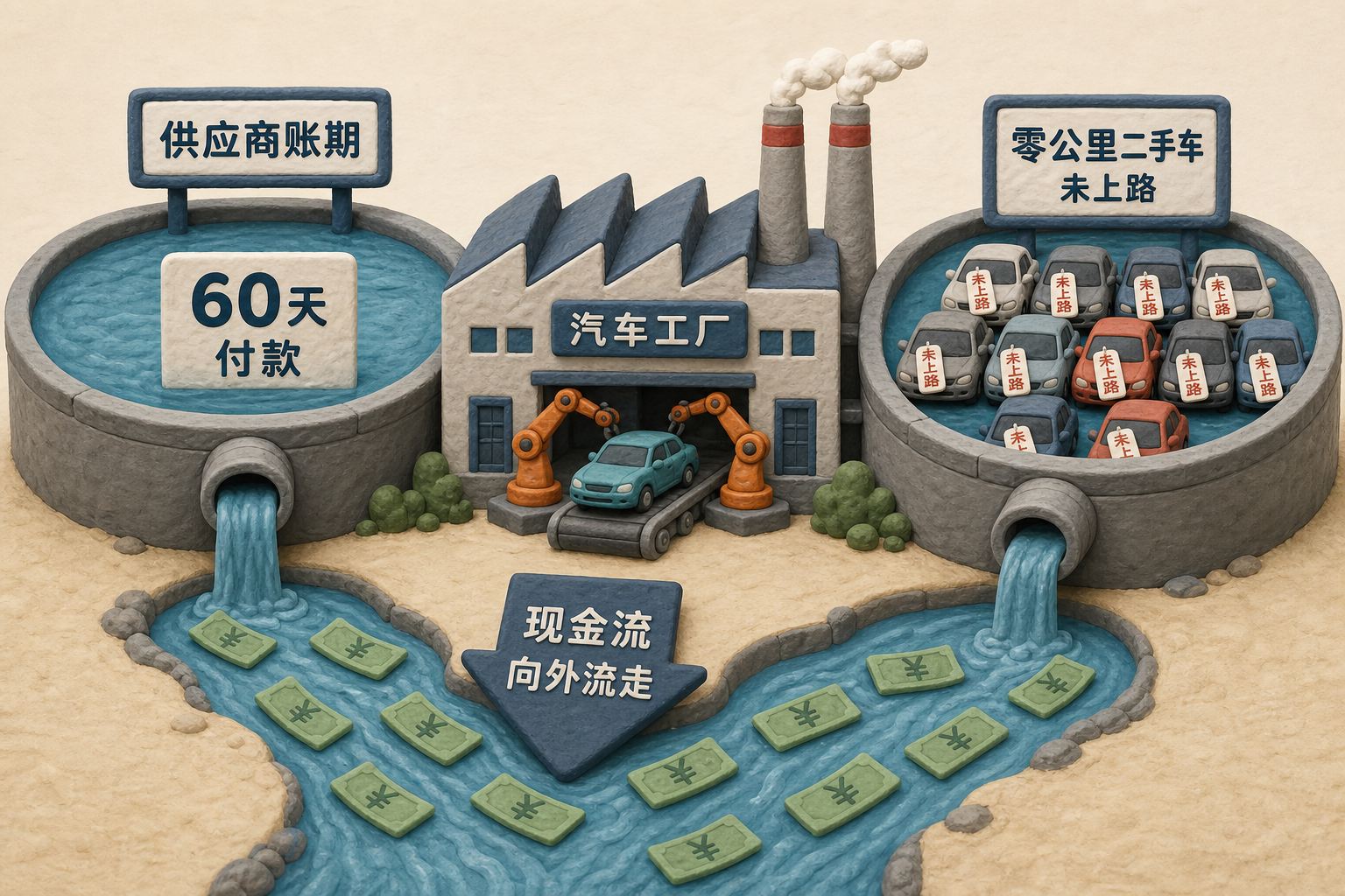 汽车工厂夹在两个正在排水的蓄水池之间,左侧标注供应商账期和60天付款,右侧堆着挂牌却未上路的零公里二手车,现金流向外流走,浅色背景的商业评论版橡皮泥平面信息图的统一风格。