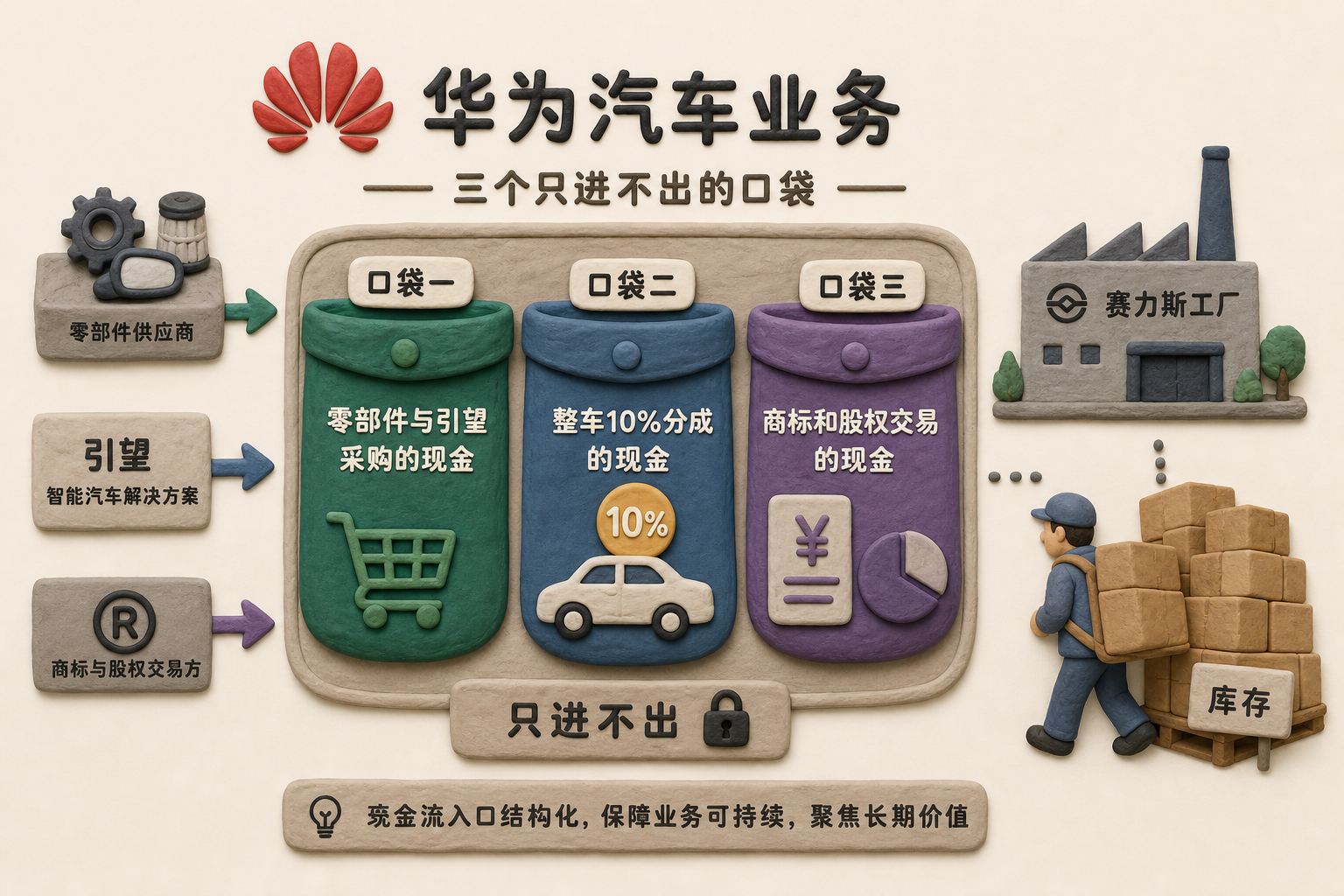 华为汽车业务结构化成三个只进不出的口袋,零部件与引望采购、整车10%分成、商标和股权交易的现金分别落入口袋,赛力斯工厂在另一侧背着库存,浅色背景的商业评论版橡皮泥平面信息图的统一风格。