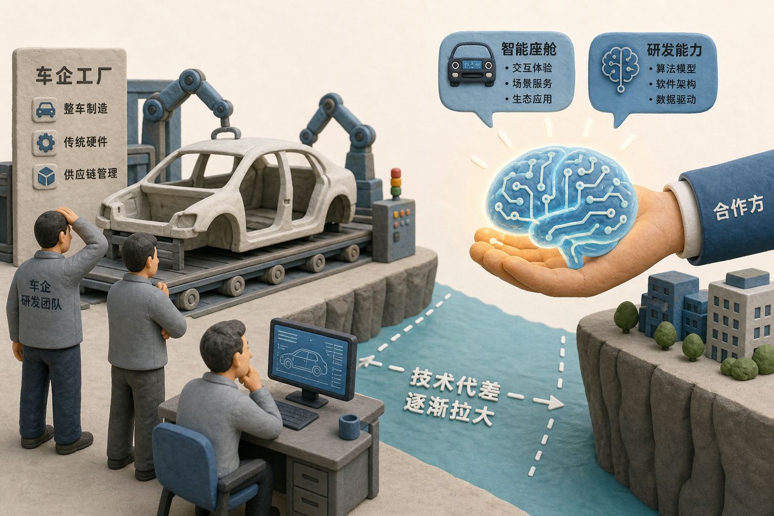 一辆汽车的车身停在工厂,代表智能座舱和研发能力的发光大脑被合作方握在手里,车企内部研发人员望着逐渐拉开的技术代差,浅色背景的商业评论版橡皮泥平面信息图的统一风格。