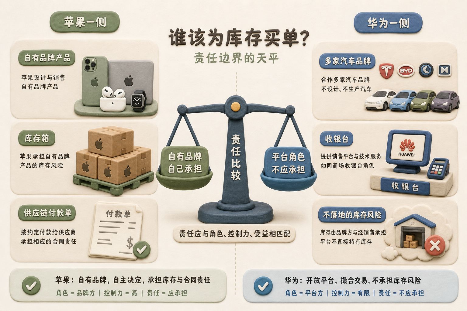 左右对照构图,苹果一侧为自有品牌产品、库存箱和供应链付款单,华为一侧为多家汽车品牌、收银台和不落地的库存风险,中央用天平比较责任,浅色背景的商业评论版橡皮泥平面信息图的统一风格。