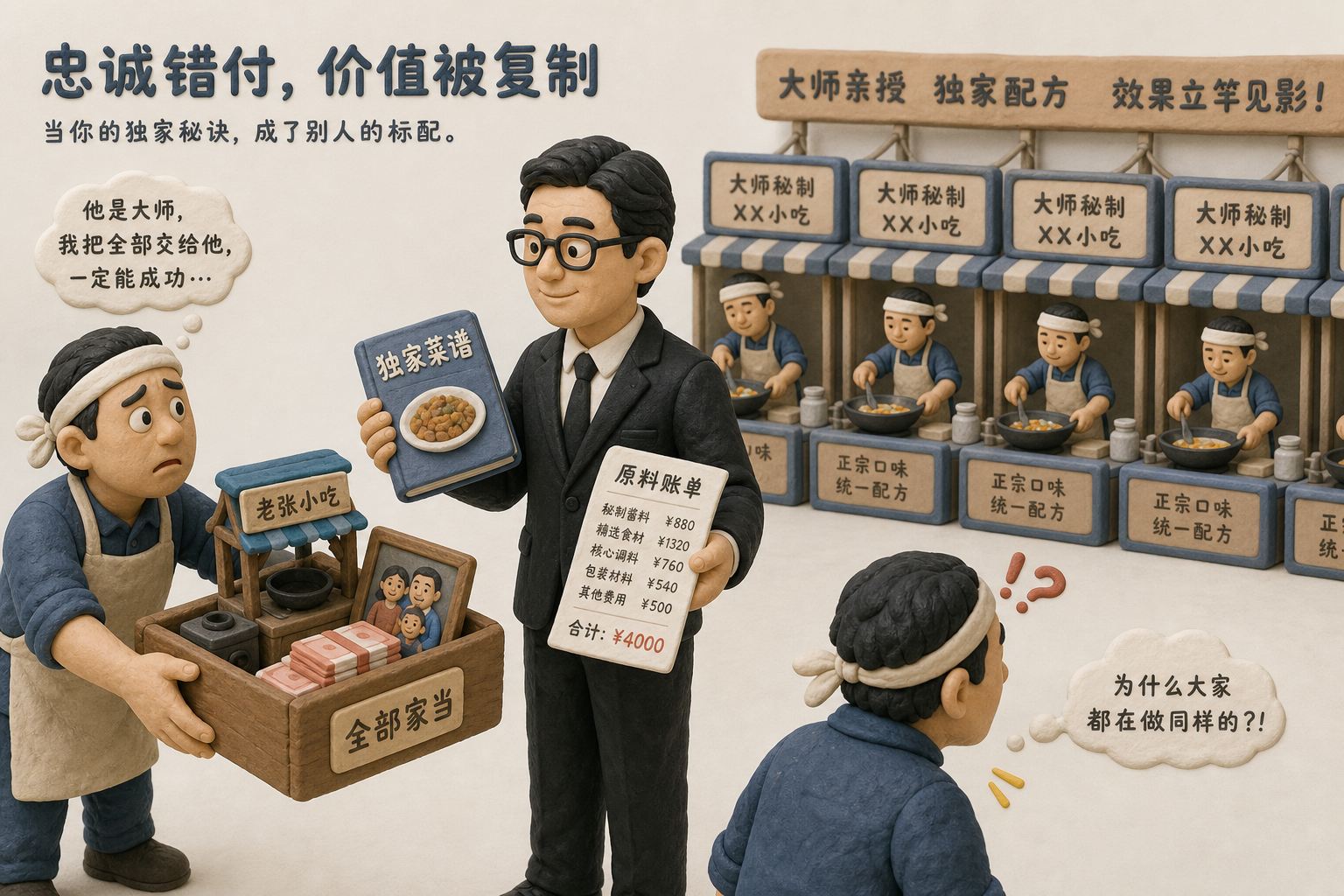 街边摊主把全部家当押给西装革履的厨艺大师,大师递出菜谱和原料账单,背景却出现一整排学习同一套菜谱的摊位,突出忠诚错付的反转,浅色背景的商业评论版橡皮泥平面信息图的统一风格。