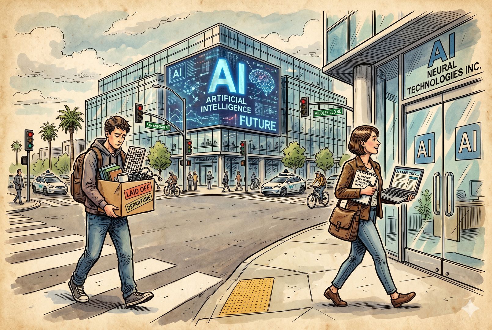 硅谷玻璃办公楼前的十字路口，一侧是抱着纸箱离开的程序员，另一侧是拿着采访本与笔记本电脑走进 AI 公司大门的年轻新闻从业者，楼宇屏幕闪着 AI 字样，羊皮纸，钢笔彩色手绘的统一风格。