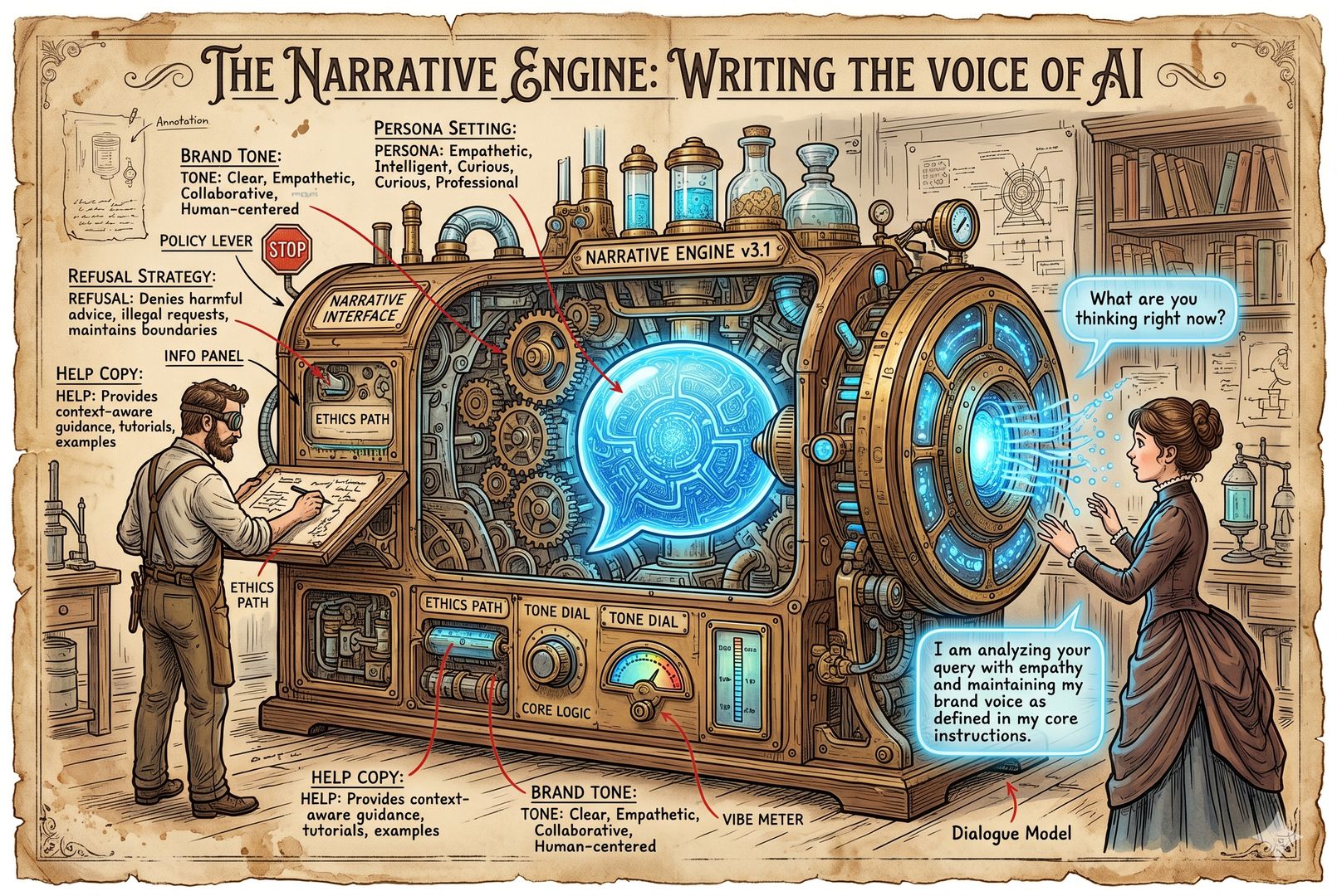 一只巨大的聊天气泡被嵌入 AI 产品原型机内部，设计师在机身剖面图上标注人格设定、拒答策略、帮助文案和品牌语气，用户则正面对模型对话，展示“叙事被写进产品”的概念，羊皮纸，钢笔彩色手绘的统一风格。