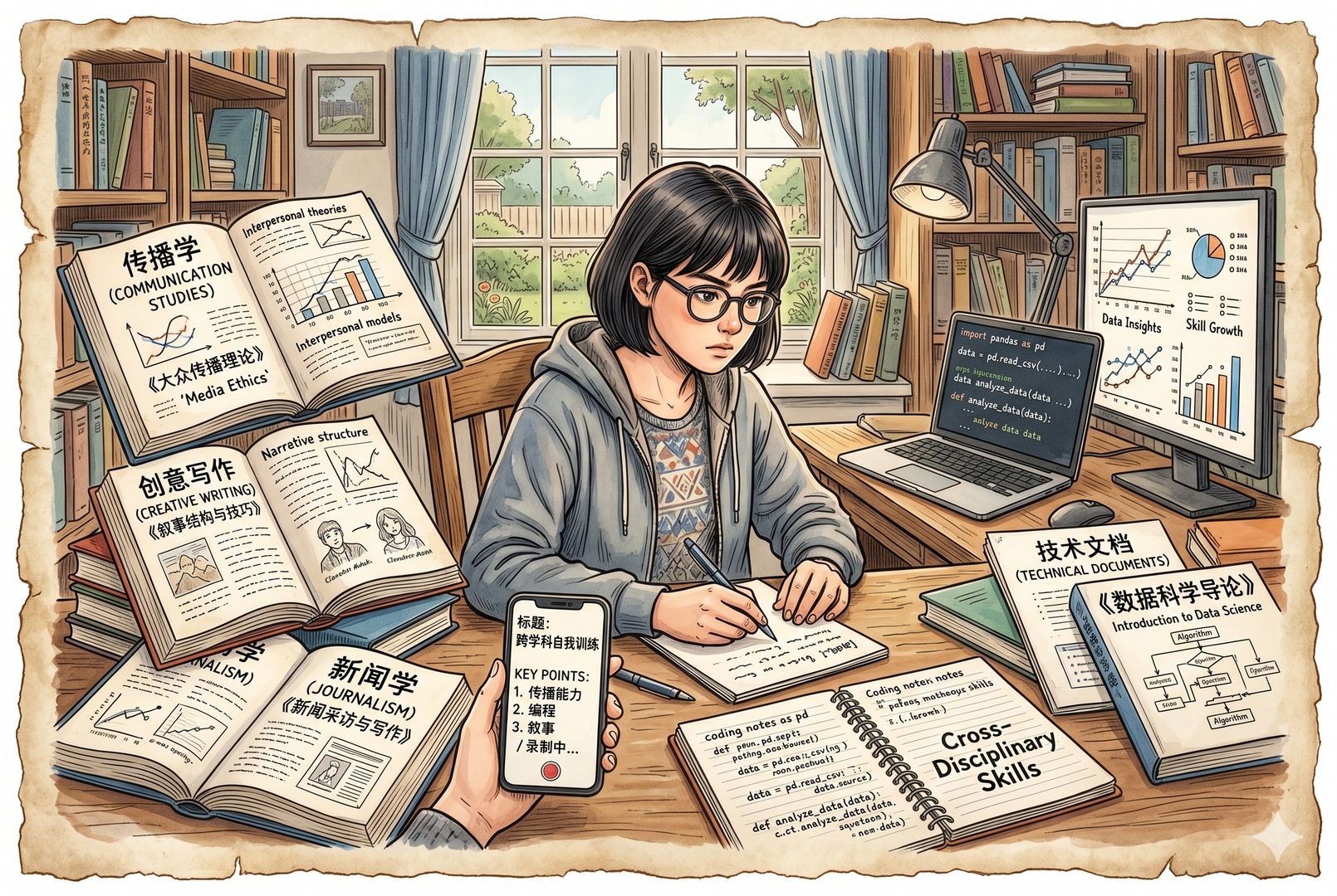 一位年轻学习者坐在书桌前，左边摊开传播学、写作和新闻教材，右边是技术文档、数据图表与编程界面，中间手机上录着短视频脚本，象征跨学科能力的自我训练，羊皮纸，钢笔彩色手绘的统一风格。