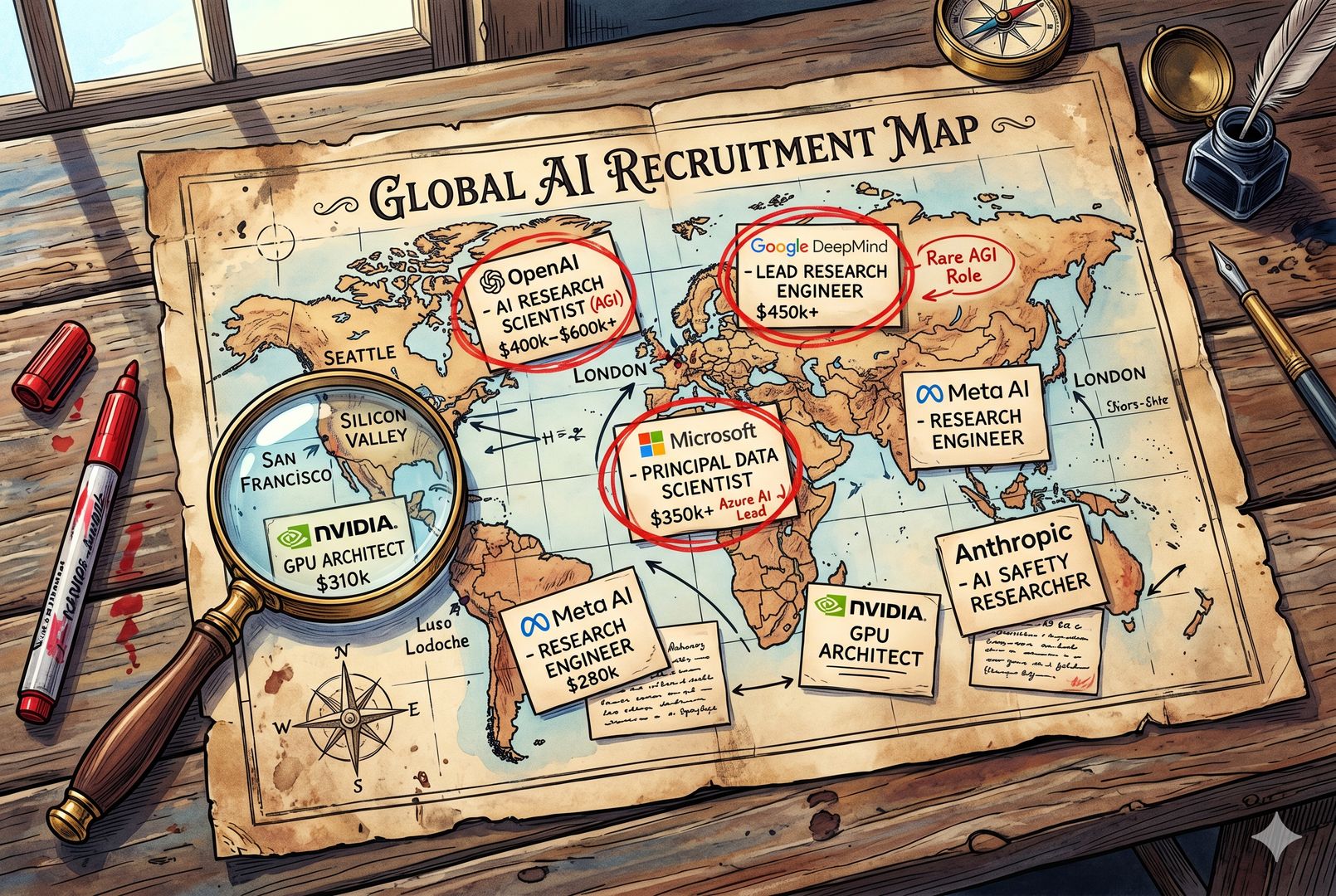 一张铺在木桌上的招聘版图，OpenAI、谷歌、微软等公司职位卡片零星散落，旁边放着放大镜和记号笔，少量高薪岗位被圈出，显得稀缺而醒目，羊皮纸，钢笔彩色手绘的统一风格。