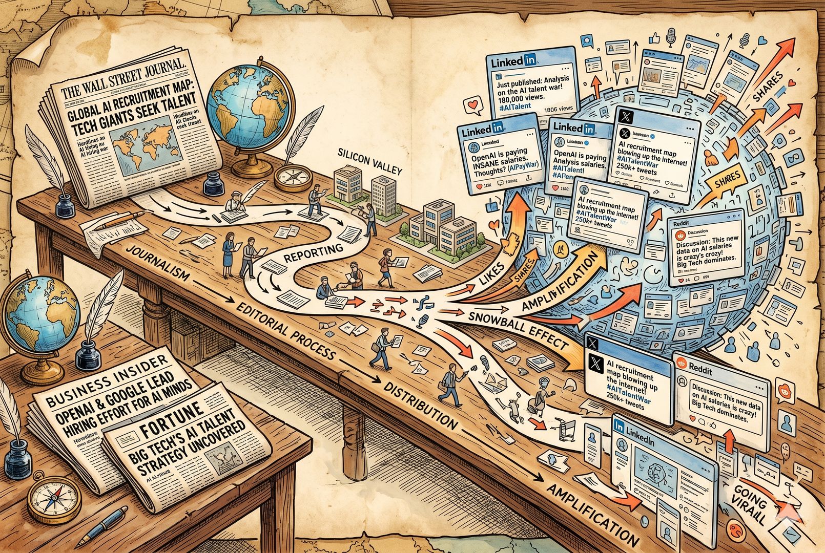 新闻传播链条的长桌场景，一端是《华尔街日报》《商业内幕》《财富》样式的报纸与网页标题，另一端是社交媒体界面和 LinkedIn 动态不断放大同一个话题，像滚雪球一样扩散，羊皮纸，钢笔彩色手绘的统一风格。