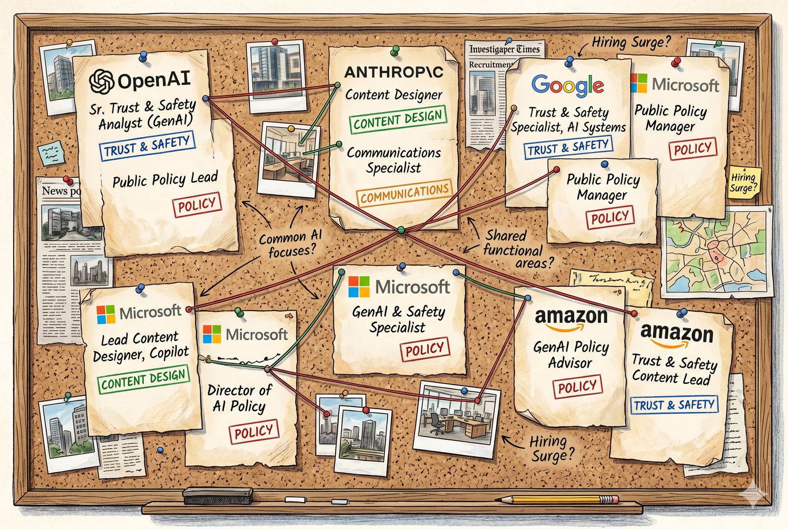 多家公司招聘页面拼贴成一面墙，OpenAI、Anthropic、Google、Microsoft、Amazon 的职位卡片钉在软木板上，标签写着传播、内容设计、政策、信任安全，像一张调查记者整理出的证据墙，羊皮纸，钢笔彩色手绘的统一风格。