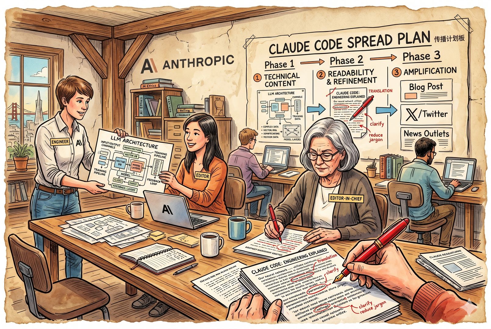  Anthropic 风格的博客编辑室里，工程师把复杂架构图递给编辑团队，主编在长桌上用红笔修改技术稿件，墙上挂着 Claude Code 的传播计划板，体现工程内容被翻译成可读文章的过程，羊皮纸，钢笔彩色手绘的统一风格。