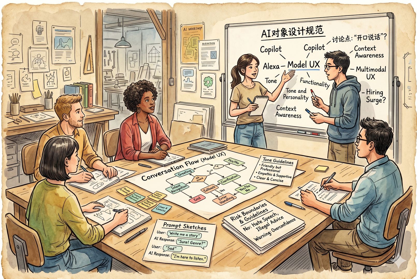 人与 AI 对话界面的设计工坊，桌上摆着对话流程图、语气规范卡片、提示词草图和风险边界说明，设计师与工程师围绕一块写着 Copilot、Alexa、Model UX 的白板讨论产品如何开口说话，羊皮纸，钢笔彩色手绘的统一风格。