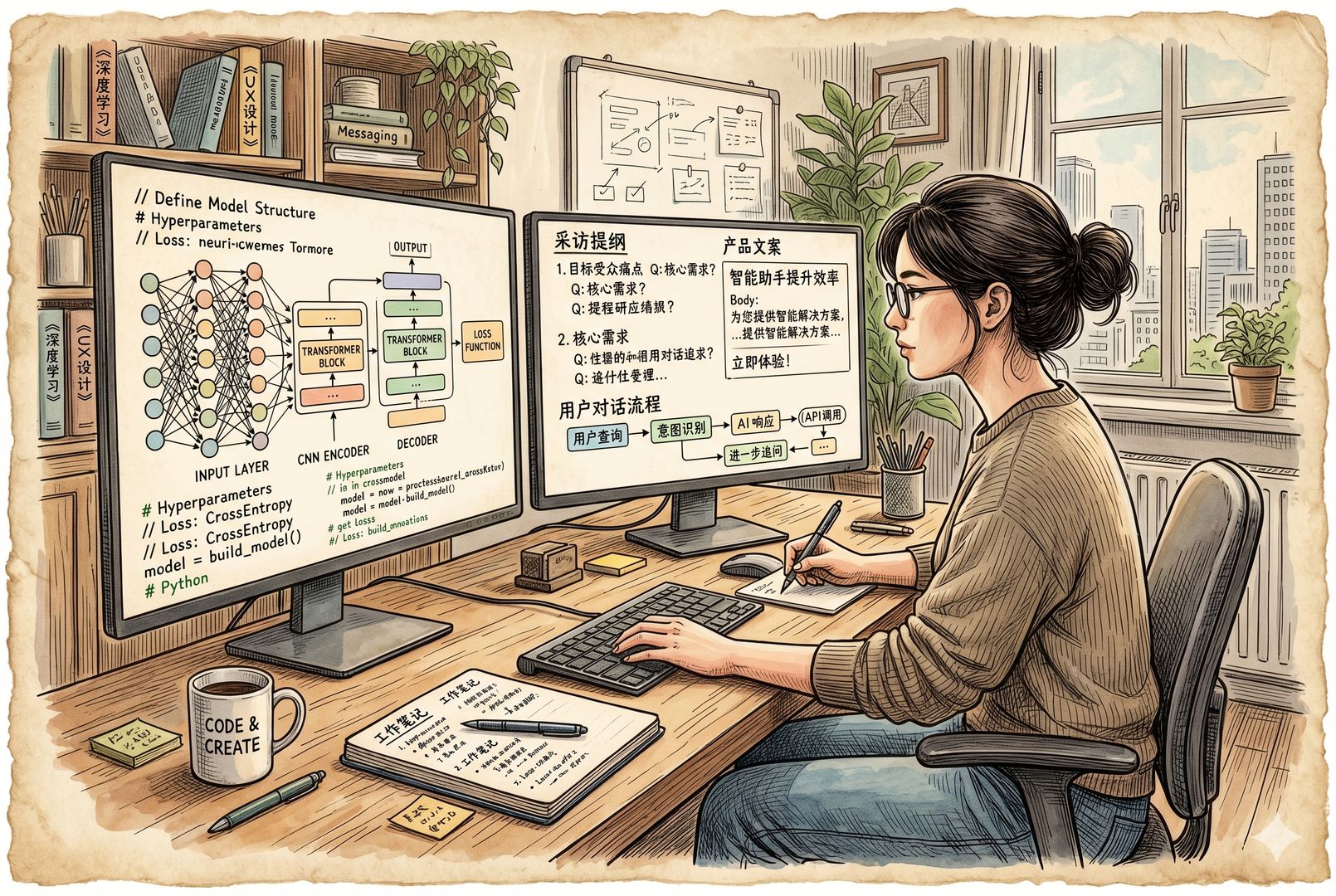 一位复合型从业者坐在双屏前，一边屏幕是模型结构图和代码注释，另一边是采访提纲、产品文案与用户对话流程，她在两种语言世界之间来回切换，羊皮纸，钢笔彩色手绘的统一风格。