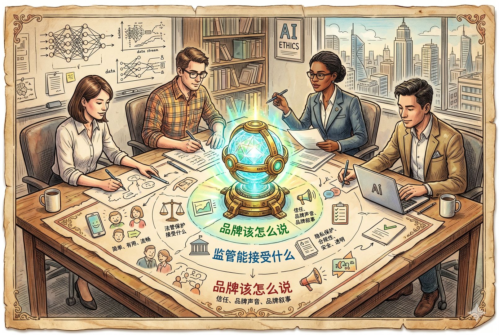 AI 公司会议室中央摆着一台会发光的模型核心装置，周围坐着产品经理、工程师、政策顾问和传播负责人，共同绘制“用户能听懂什么、监管能接受什么、品牌该怎么说”的三层地图，羊皮纸，钢笔彩色手绘的统一风格。
