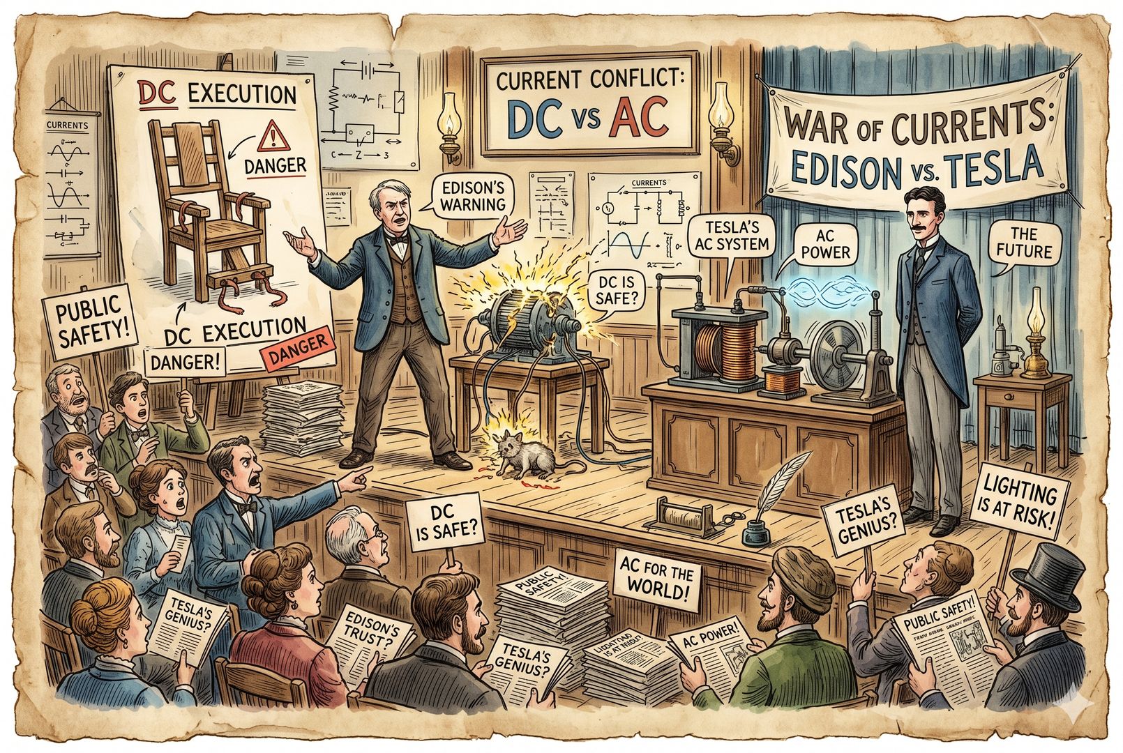 19 世纪科学演讲厅里，爱迪生在台上用电椅示意图与电流装置向公众展示危险，另一侧的特斯拉站在交流电设备旁神情克制，观众席议论纷纷，形成一场关于技术认知的舆论战，羊皮纸，钢笔彩色手绘的统一风格。