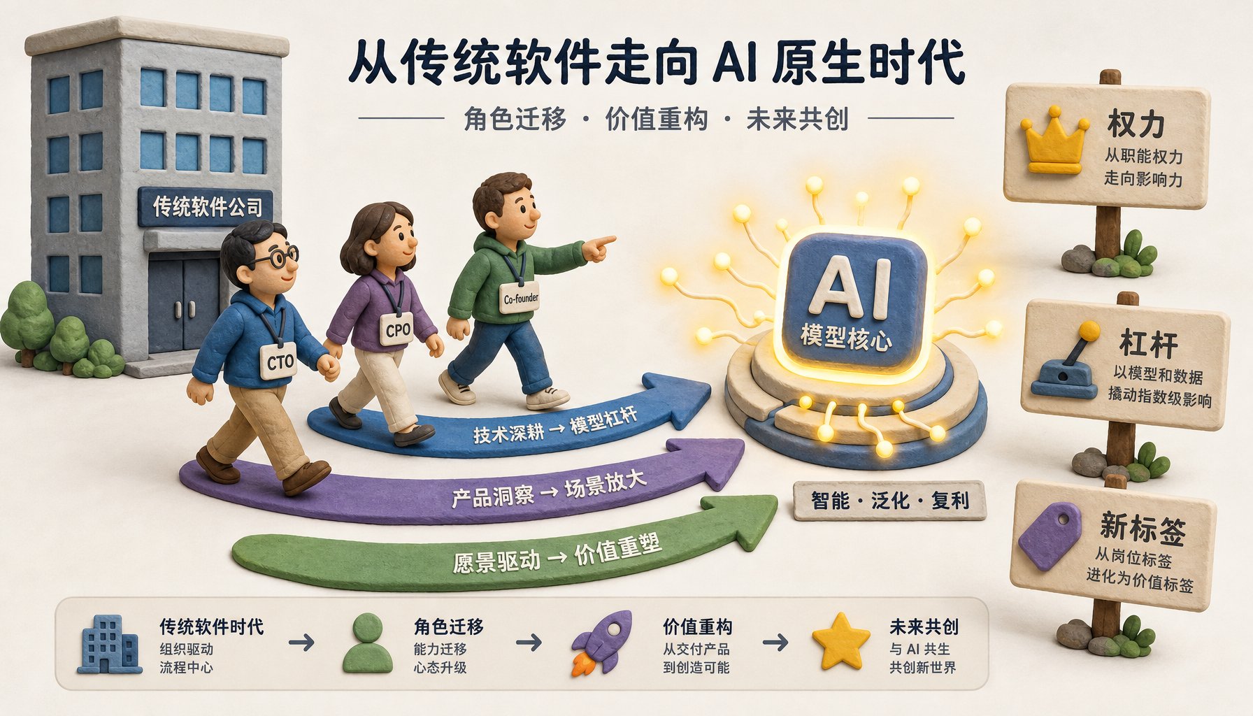 多位佩戴 CTO、CPO、联合创始人徽章的橡皮泥人物离开传统软件高楼，沿着箭头走向中央发光的 AI 模型核心，旁边有“权力”“杠杆”“新标签”的小标牌，浅色背景的商业评论版橡皮泥平面信息图的统一风格。