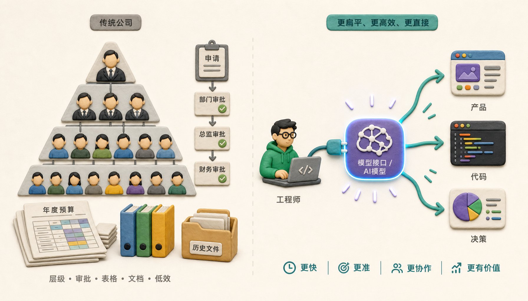 左侧是传统公司金字塔组织架构和预算文件，右侧是一名工程师直接连接发光模型接口，模型向外放大出产品、代码和决策箭头，浅色背景的商业评论版橡皮泥平面信息图的统一风格。