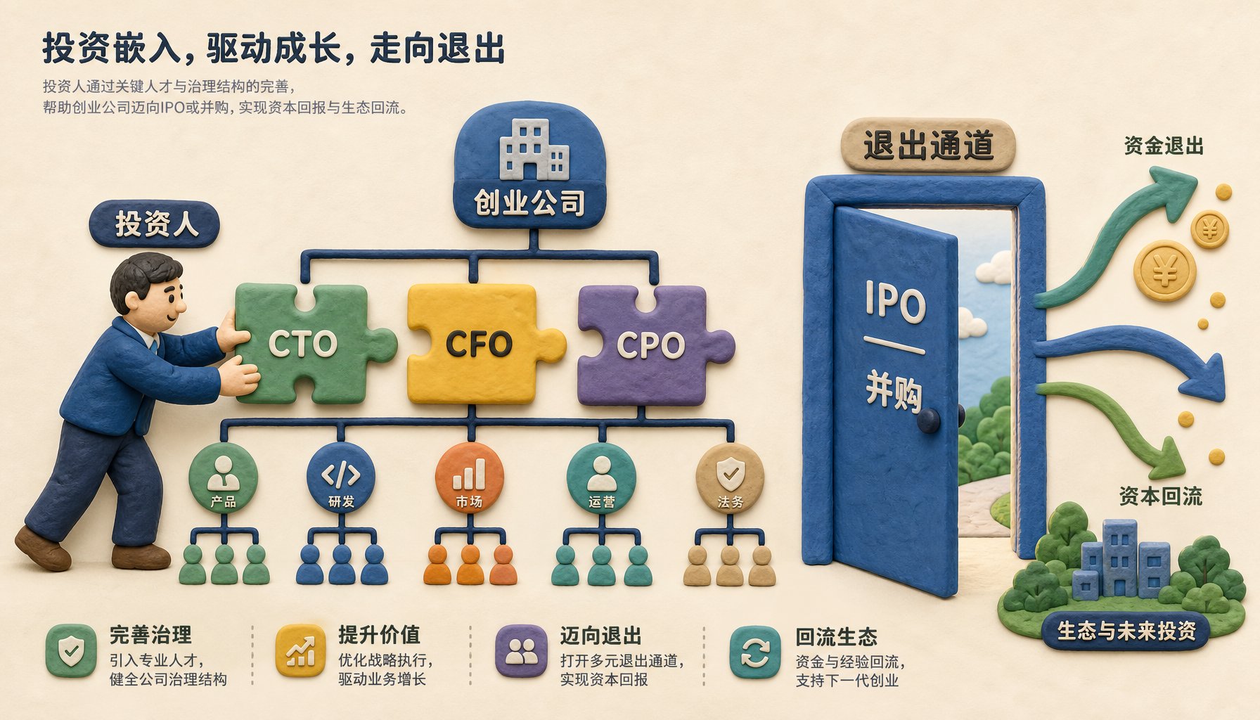 投资人小人把写着 CTO、CFO、CPO 的拼图块嵌入创业公司组织图，右侧是一扇写着 IPO 和并购的出口门，门外有资金箭头流出，浅色背景的商业评论版橡皮泥平面信息图的统一风格。