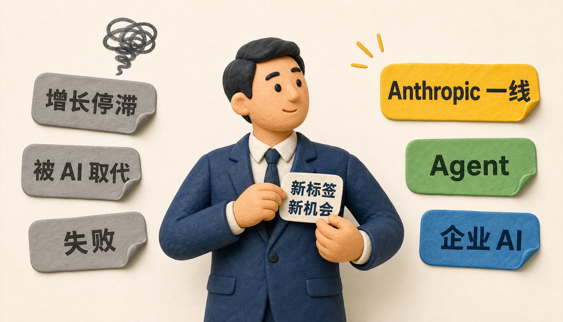 一位高管站在两组职业标签之间，左边是“增长停滞”“被 AI 取代”“失败”的灰色贴纸，右边是“Anthropic 一线”“Agent”“企业 AI”的亮色贴纸，他正把新标签贴到西装上，浅色背景的商业评论版橡皮泥平面信息图的统一风格。