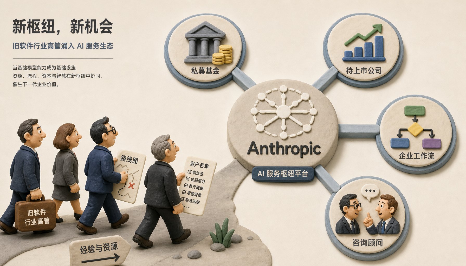 Anthropic 被画成中央企业 AI 服务枢纽，周围连接私募基金、待上市公司、企业工作流和咨询顾问，几位旧软件高管拿着地图和客户名单走进枢纽，浅色背景的商业评论版橡皮泥平面信息图的统一风格。