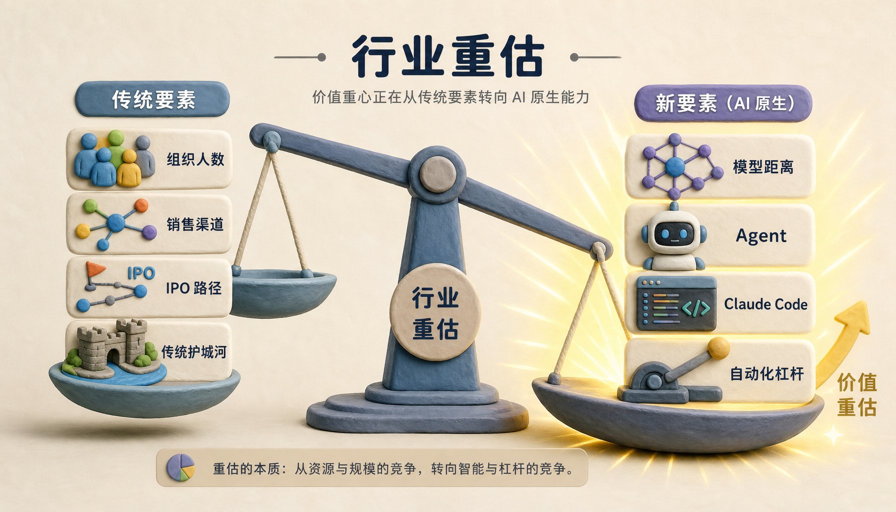 一张行业重估天平，左盘是组织人数、销售渠道、IPO 路径和传统护城河，右盘是模型距离、Agent、Claude Code 和自动化杠杆，右盘明显下沉并发出光线，浅色背景的商业评论版橡皮泥平面信息图的统一风格。