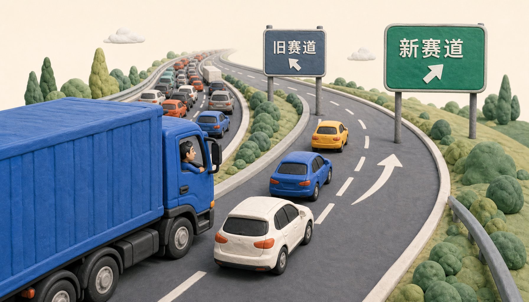 高速公路堵车场景中，一辆高大的货车驾驶室看向远处分流路线，几辆小车跟在它后面转向更通畅的车道，路牌写着“新赛道”和“旧赛道”，浅色背景的商业评论版橡皮泥平面信息图的统一风格。